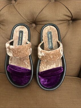 Dries Van Noten Velvet Slide Sandals in Beige and Purple